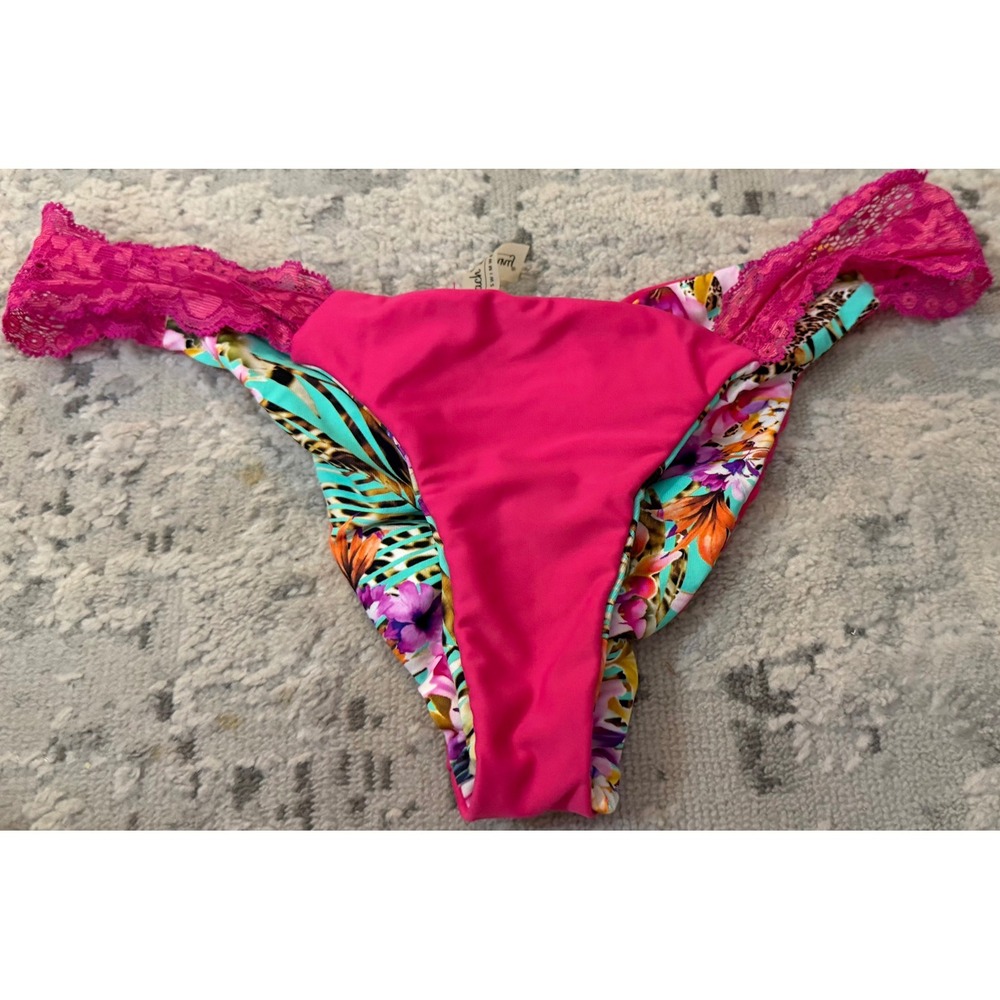 Beach Bunny Reversible Tropical Floral Leopard Lace Bikini Bottoms Pink L - Picture 5 of 5